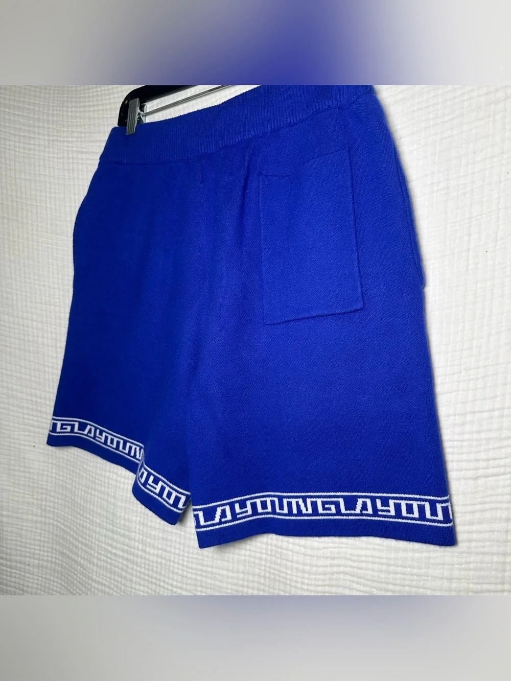 YoungLA Hieroglyphic Knit Shorts 116 Royal Blue Mens LARGE L Greek Key Gym YLA